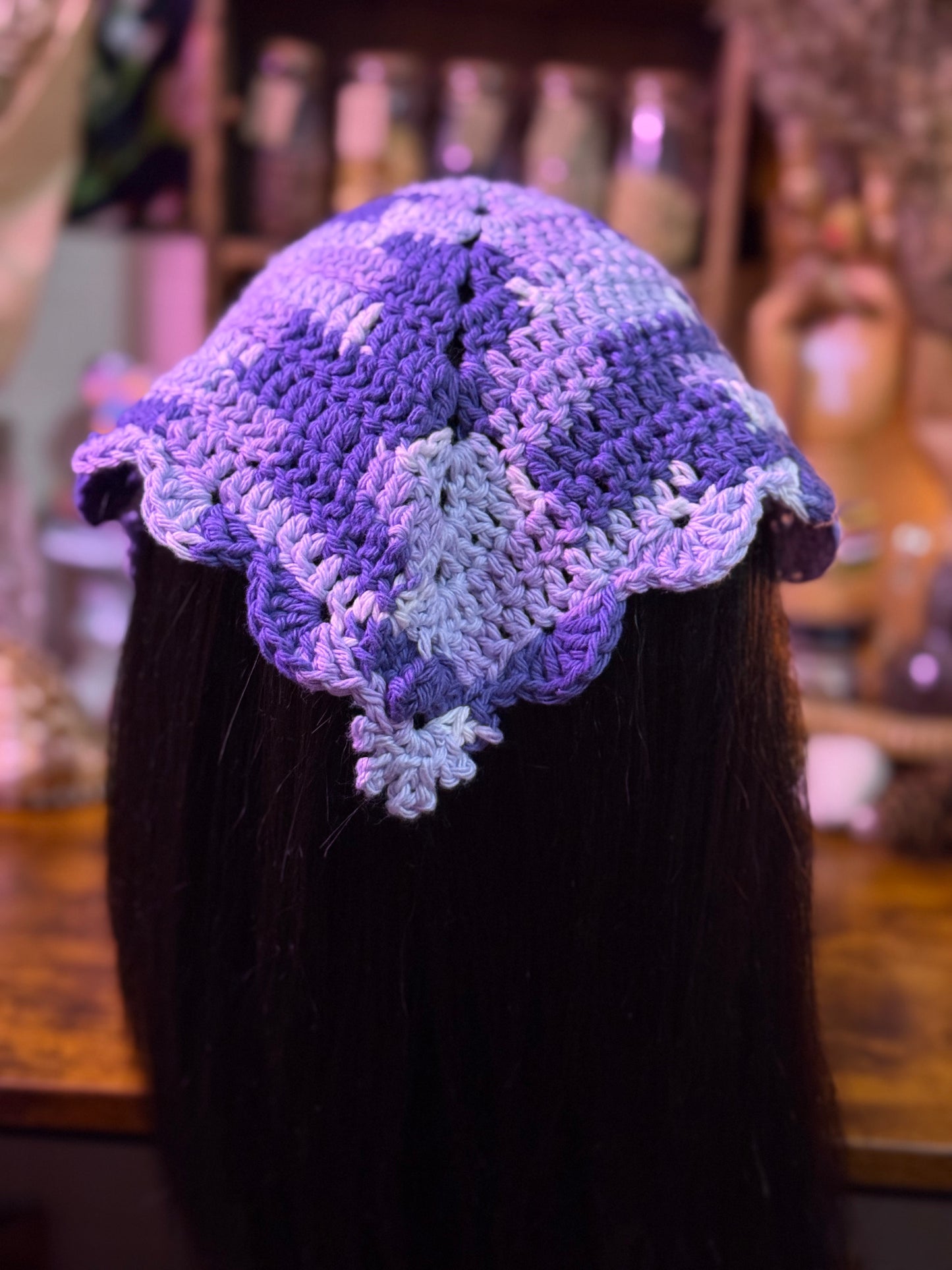 The Magickal Rose’s Custom Order Crochet Headscarf & Bandana with Scalloped border and Picot Stitch