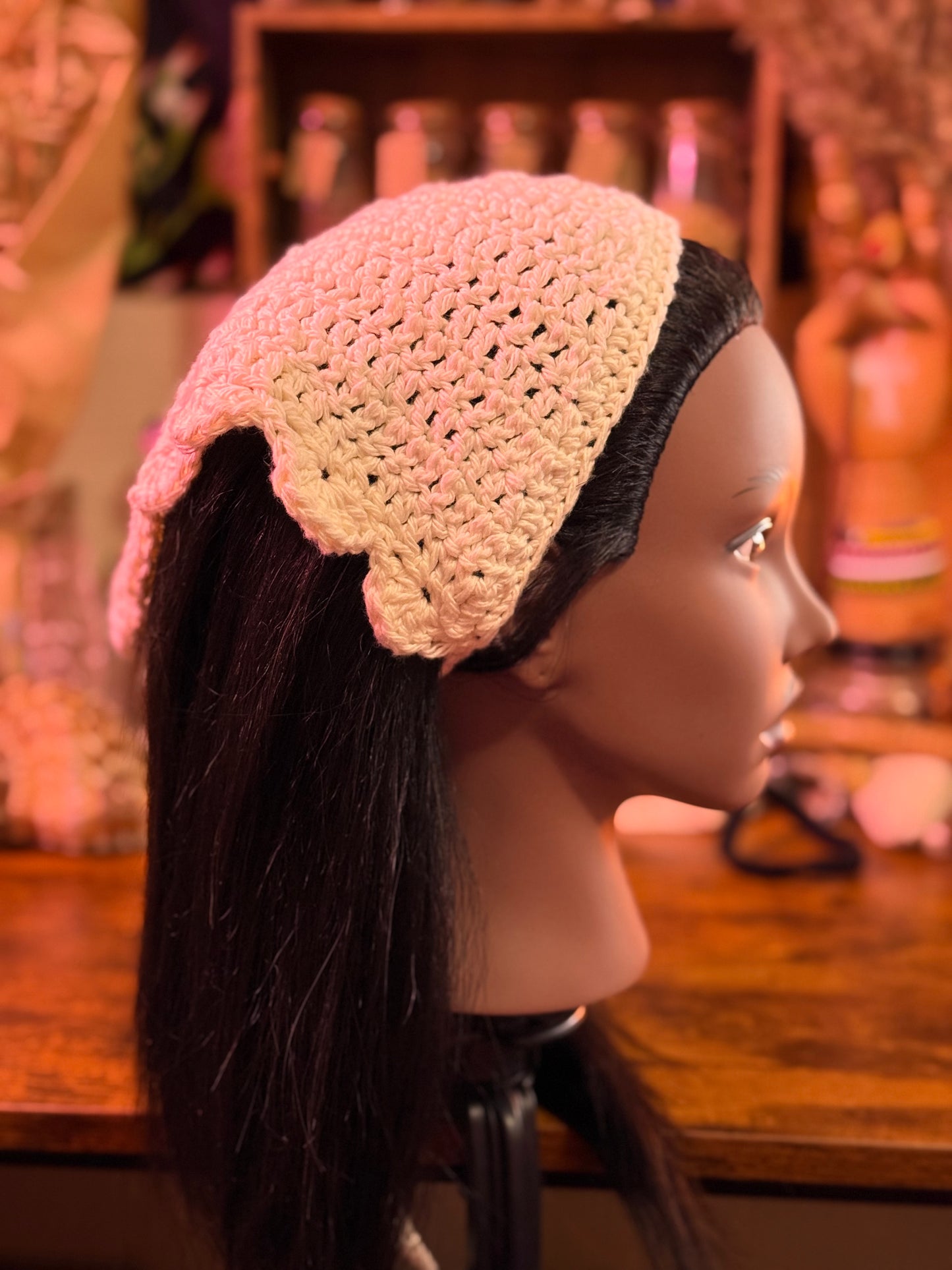 The Magickal Rose’s Custom Order Crochet Headscarf & Bandana with Scalloped border and Picot Stitch