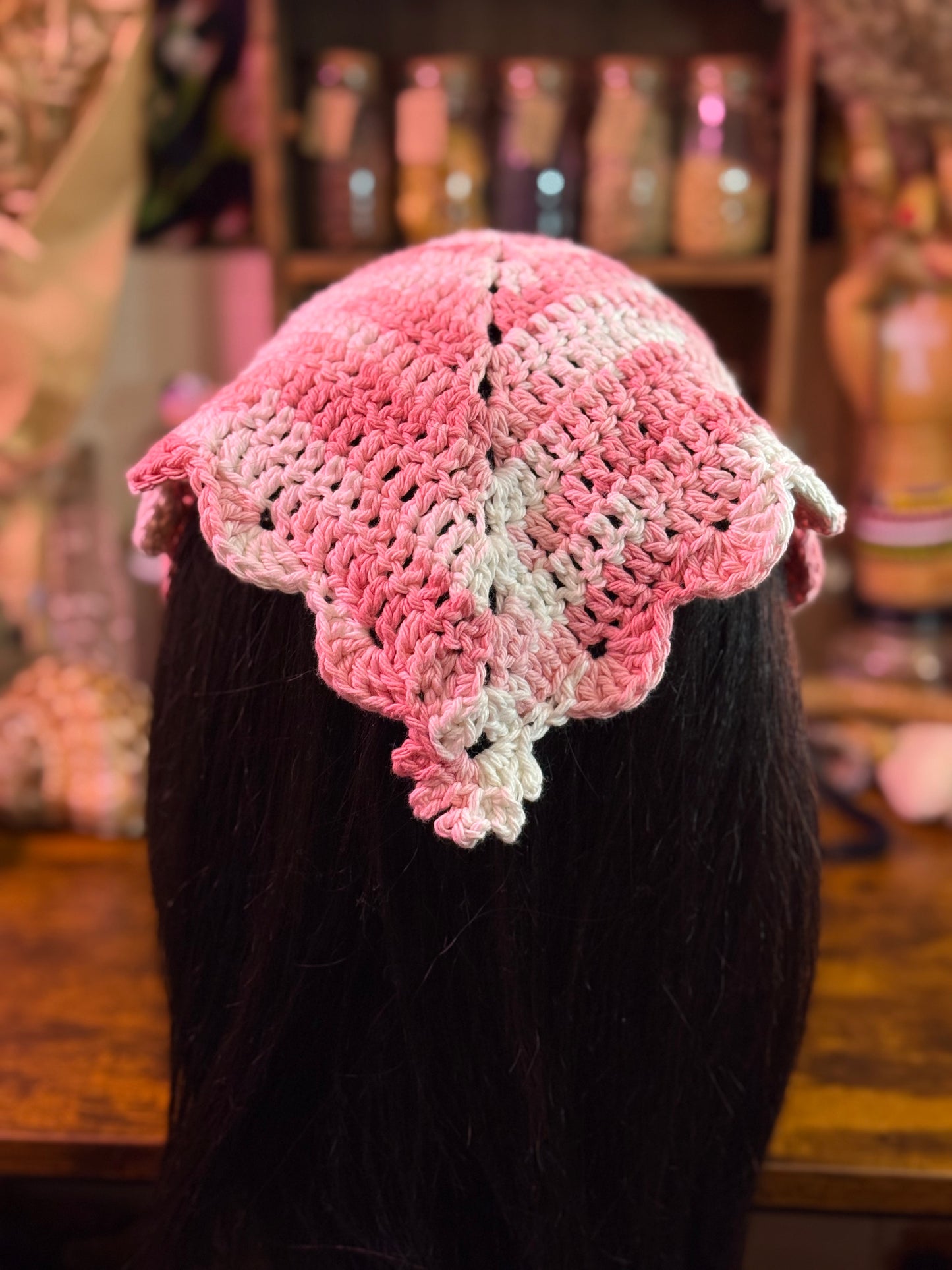 The Magickal Rose’s Custom Order Crochet Headscarf & Bandana with Scalloped border and Picot Stitch