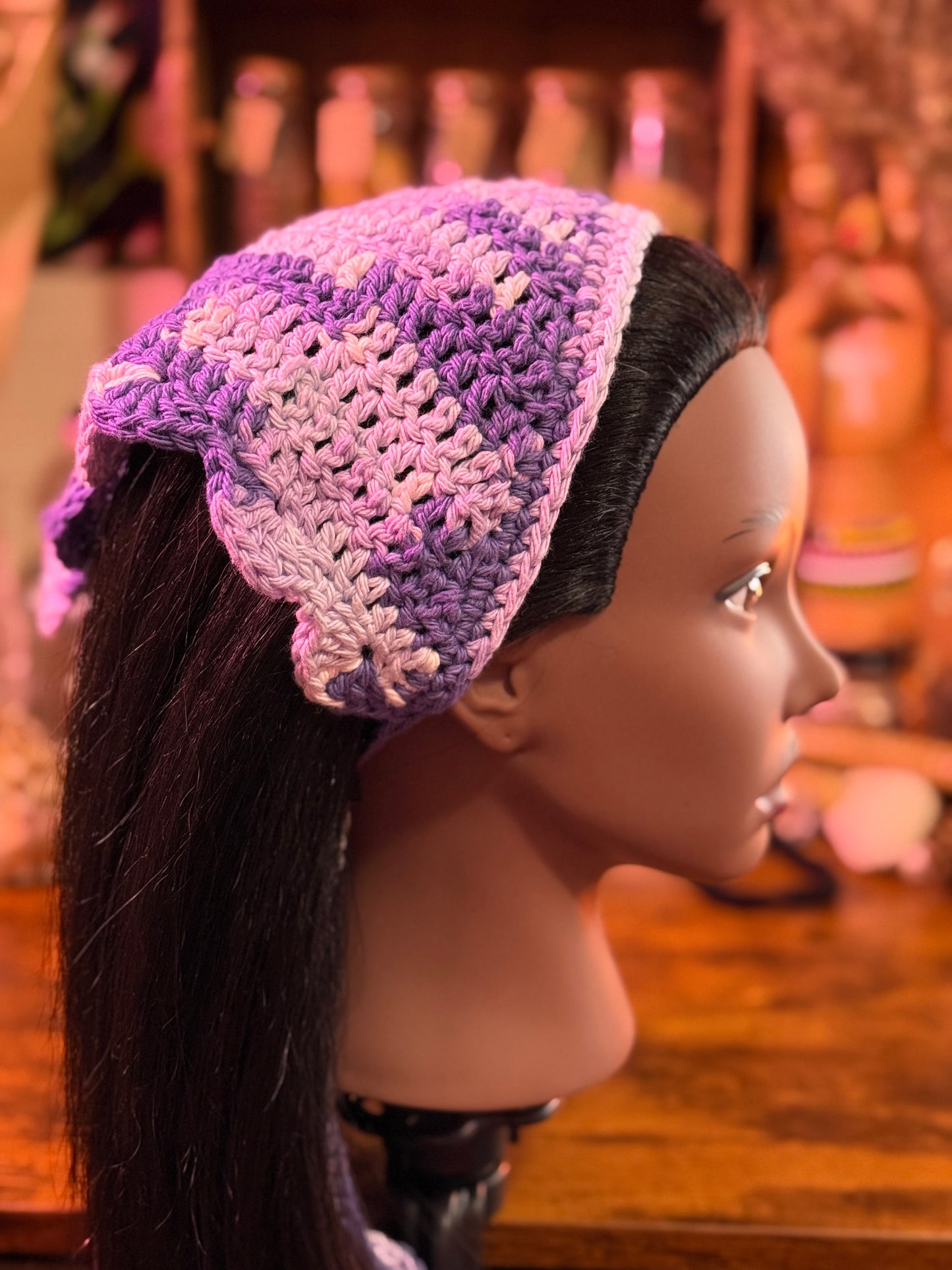 The Magickal Rose’s Custom Order Crochet Headscarf & Bandana with Scalloped border and Picot Stitch